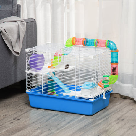 easycomfort easycomfort gabbia per criceti a 3 livelli con tunnel casetta e ruota per criceti 59x36x47cm blu e bianco