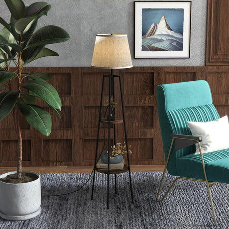 easycomfort easycomfort lampada da terra a 2 ripiani in metallo e mdf con paralume in tessuto 42x166 cm nero e marrone