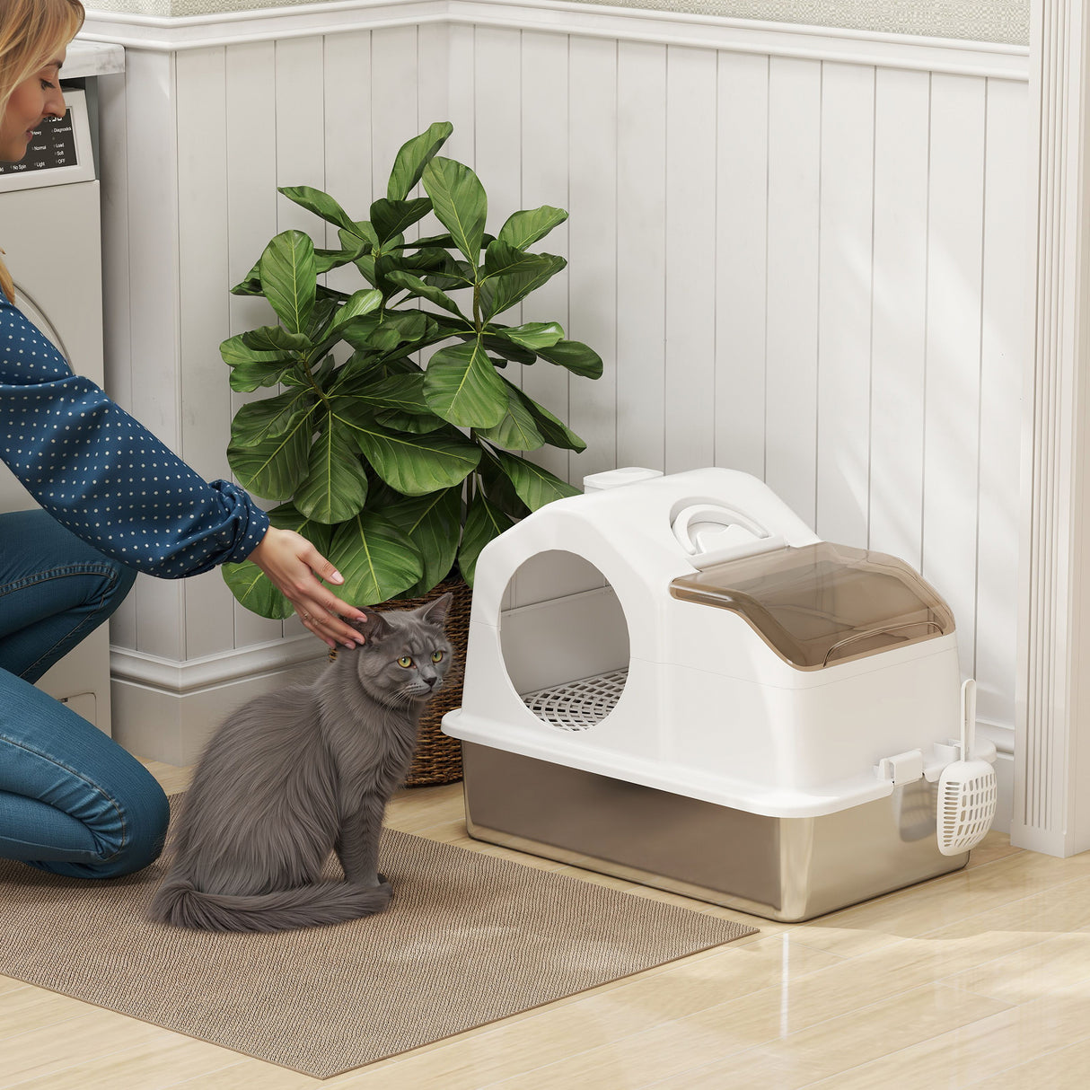 easycomfort easycomfort lettiera per gatti chiusa con 2 tappetini in acciaio inox abs e pp 60 5x40 5x42 cm bianca e argento