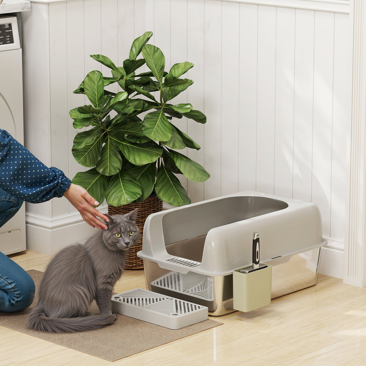 easycomfort easycomfort lettiera per gatti con gradino paletta e box portaoggetti in acciaio inox e abs 60 2x40 6x29 cm grigio chiaro