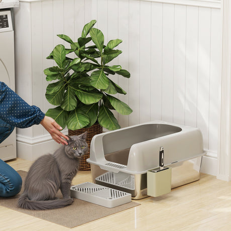 easycomfort easycomfort lettiera per gatti con gradino paletta e box portaoggetti in acciaio inox e abs 60 2x40 6x29 cm grigio chiaro