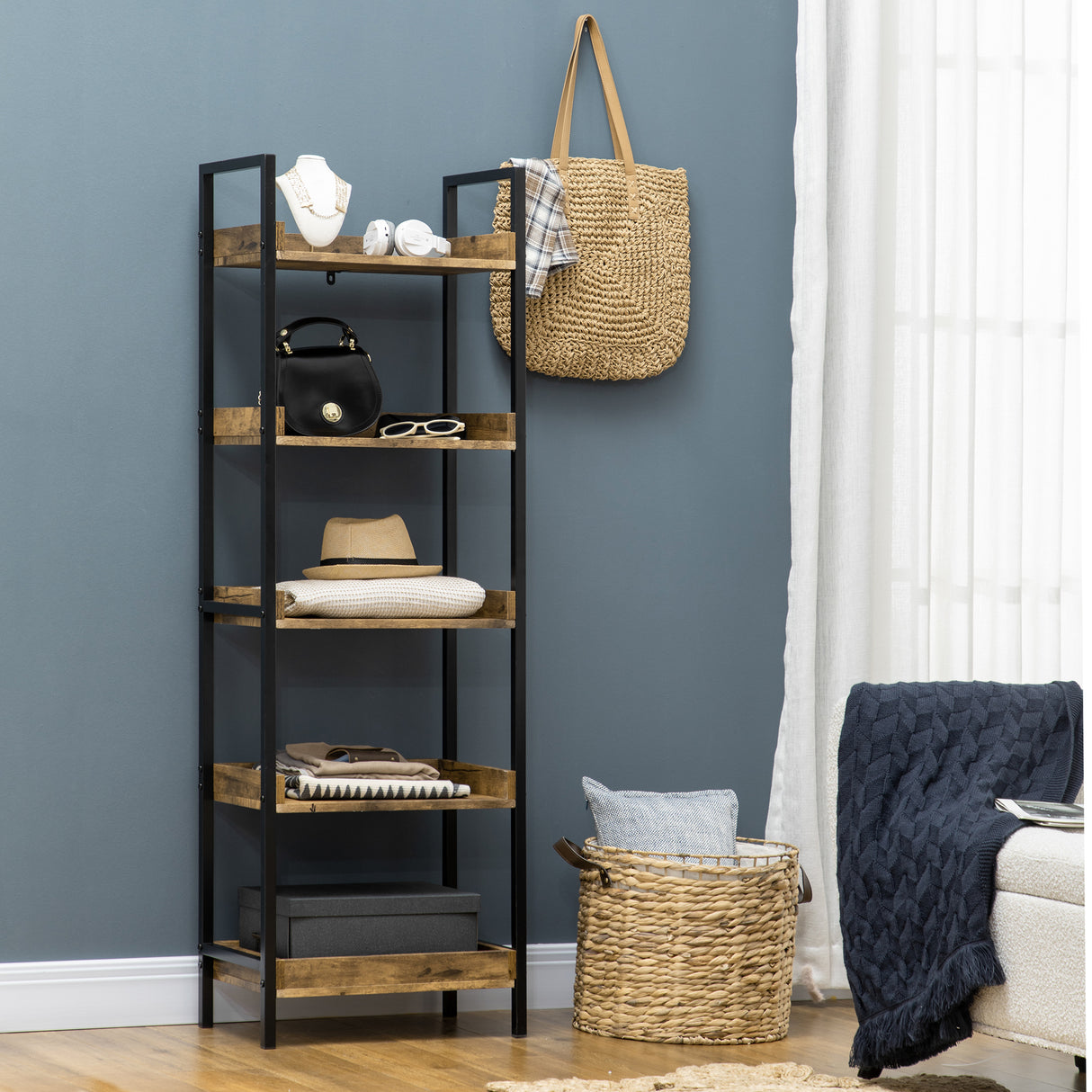 easycomfort easycomfort libreria stile industriale a 5 ripiani in legno e metallo 48x30x155cm marrone rustico
