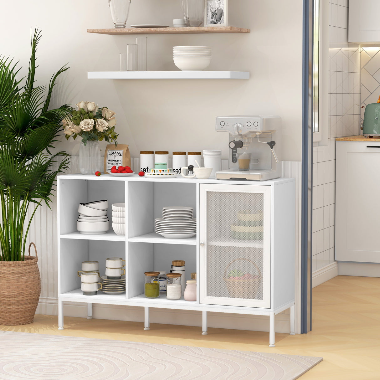 easycomfort easycomfort mobile buffet con 4 ripiani aperti e armadietto in truciolato e acciaio 120x37x81 5 cm bianco