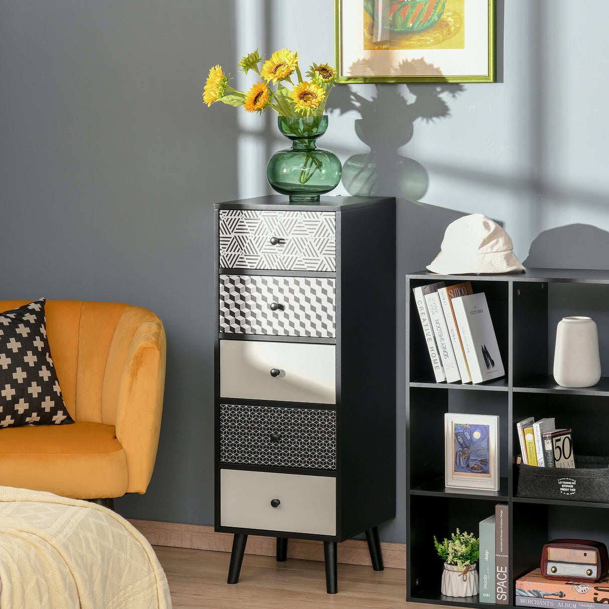 easycomfort easycomfort mobile cassettiera 5 cassetti fantasia geometrica arredamento moderno camera e ingresso 40x40x111 5cm nero grigio