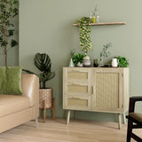 easycomfort easycomfort mobile multiuso stile boho con armadietto e 3 cassetti in legno e rattan 80x36x75cm rovere