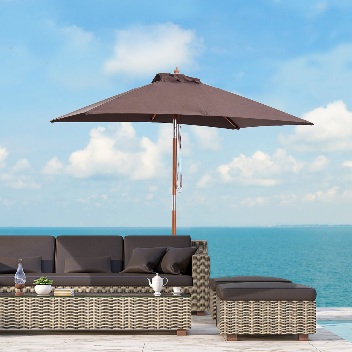 easycomfort easycomfort ombrellone rettangolare inclinabile 2x1 5 m con 6 stecche e apertura a corda in bambu e poliestere caffe