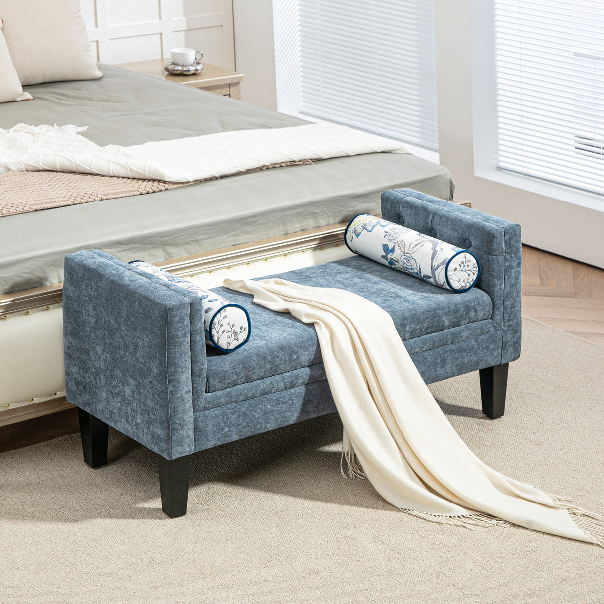 easycomfort easycomfort panca fondoletto con braccioli trapuntati e 2 cuscini in ciniglia e legno 115 5x45x56 cm grigio e nero