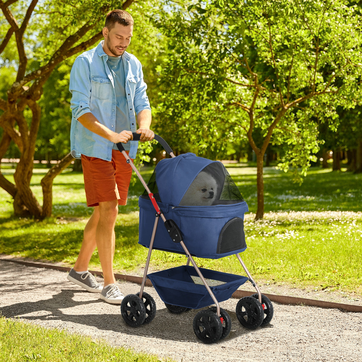 easycomfort easycomfort passeggino per cani 3 in 1 pieghevole con borsa trasportino e cestino inferiore blu