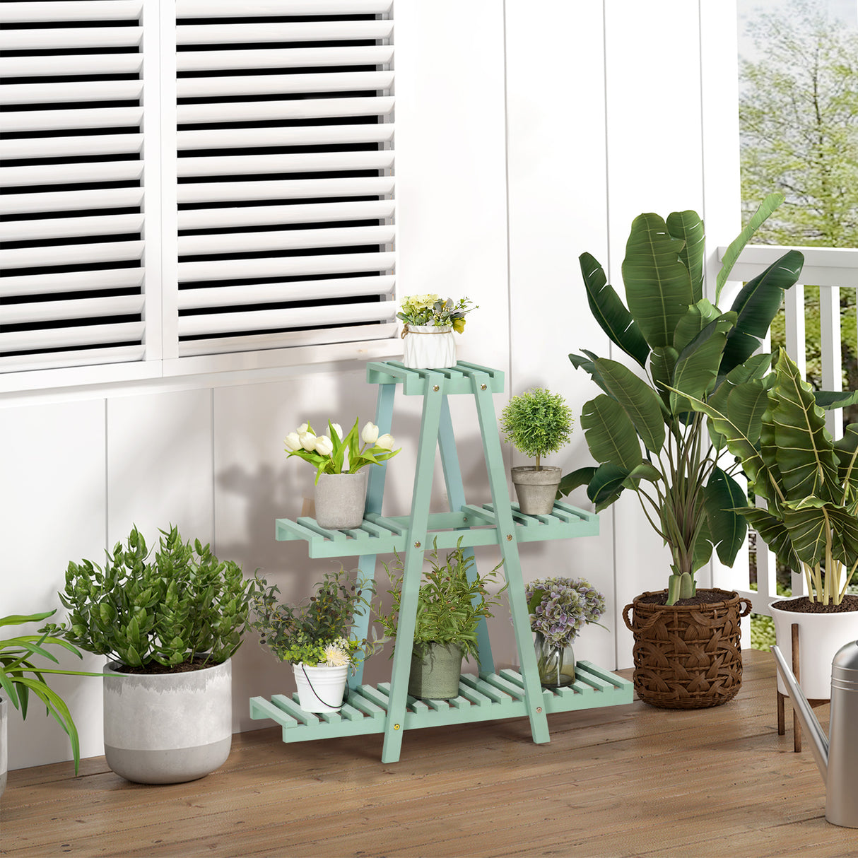 easycomfort easycomfort portapiante a 3 livelli in legno di abete per interni ed esterni 76x26x76 cm verde chiaro