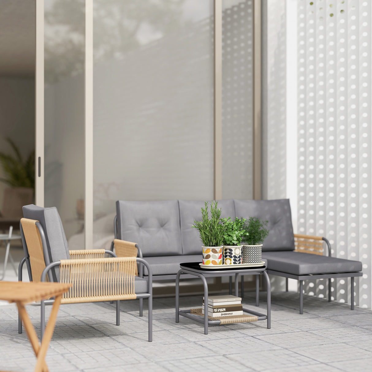 easycomfort easycomfort salotto da giardino 4 pezzi in rattan con divano chaise longue poltrona e tavolino con cuscini grigio
