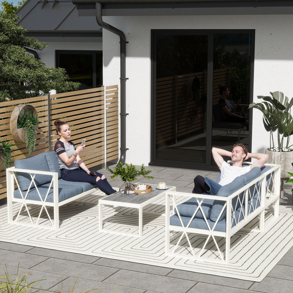 easycomfort easycomfort salotto da giardino angolare con poltrona reclinabile 2 divanetti con cuscini e tavolino grigio
