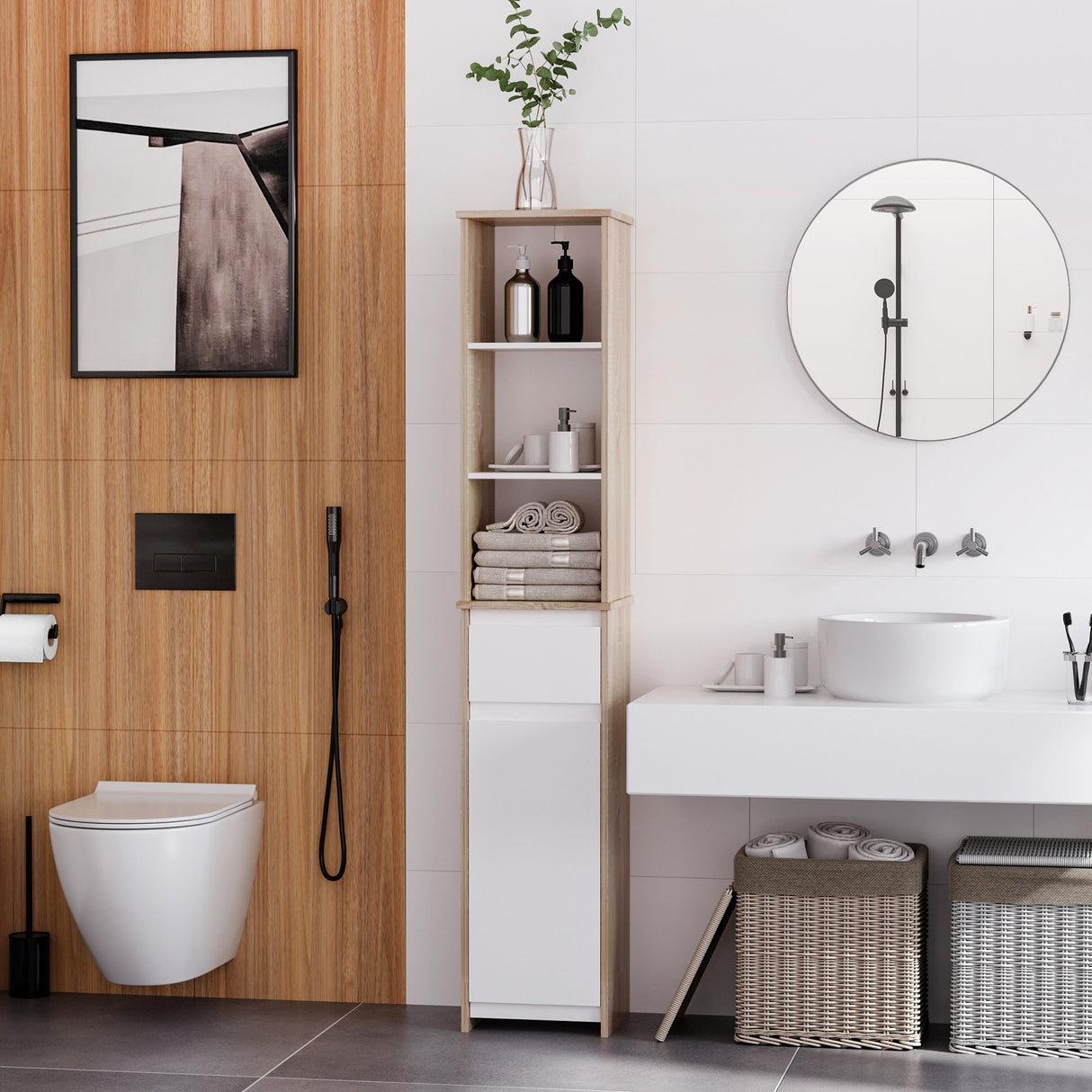 easycomfort easycomfort scaffale bagno salvaspazio in legno mobiletto a colonna con ripiani armadietto e cassetto bianco 32 6x30x171 2cm