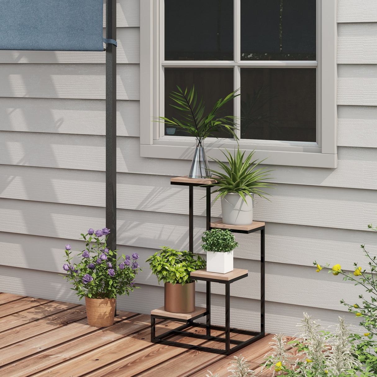 easycomfort easycomfort scaffale per piante a 4 livelli in acciaio e legno 40x40x75 5 cm marrone e nero