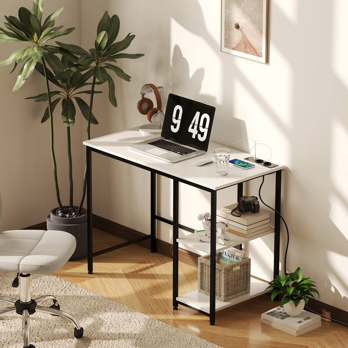 easycomfort easycomfort scrivania con scaffale a 2 livelli e prese di ricarica in legno e metallo 100x50x75 cm bianca e nera