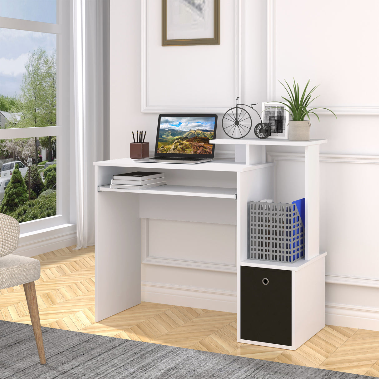 easycomfort easycomfort scrivania moderna con mensola per tastiera e cassetto in tessuto 100x40x86 6cm bianco e nero