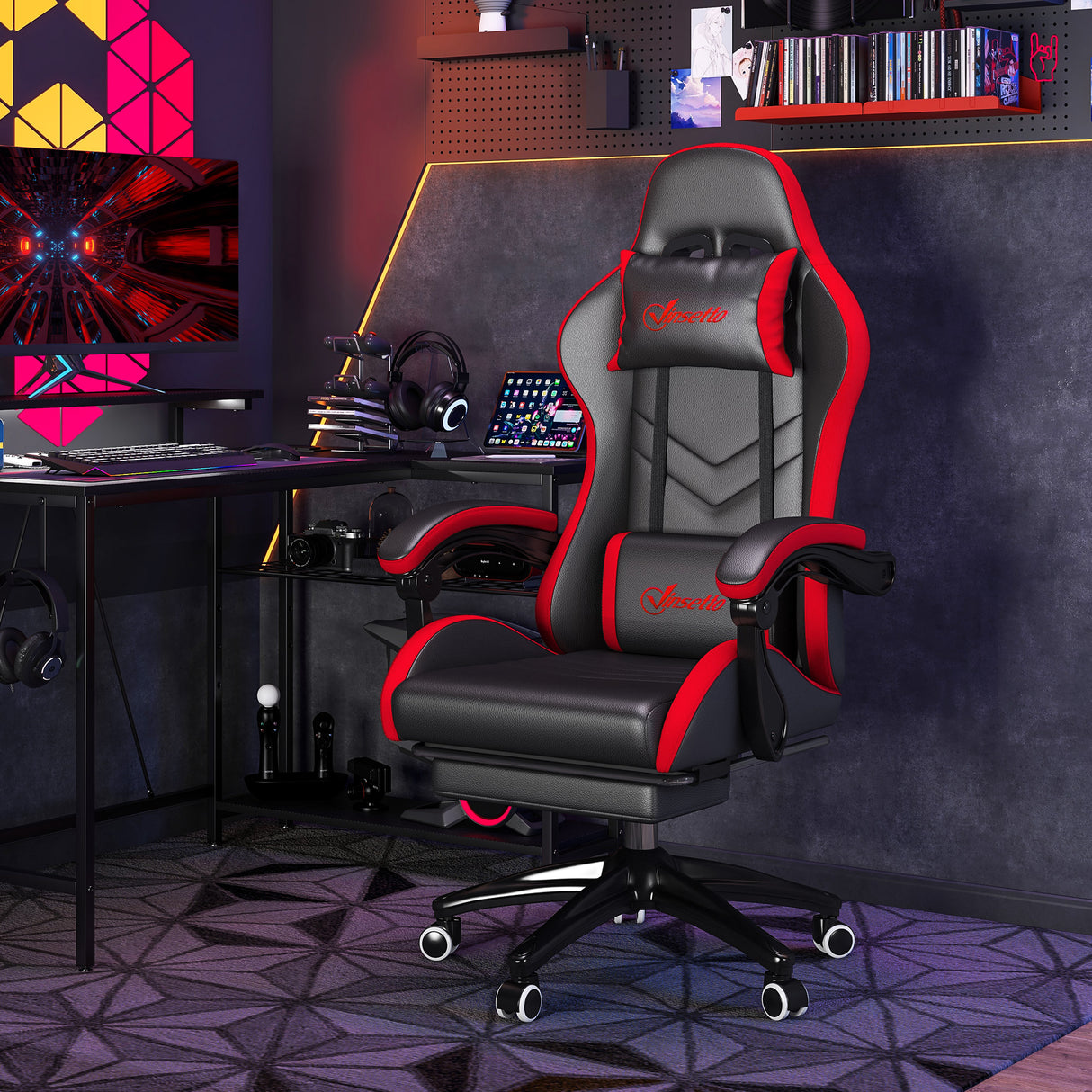 easycomfort easycomfort sedia da gaming con altezza regolabile e schienale reclinabile 65x65x121 129 cm nero e rosso