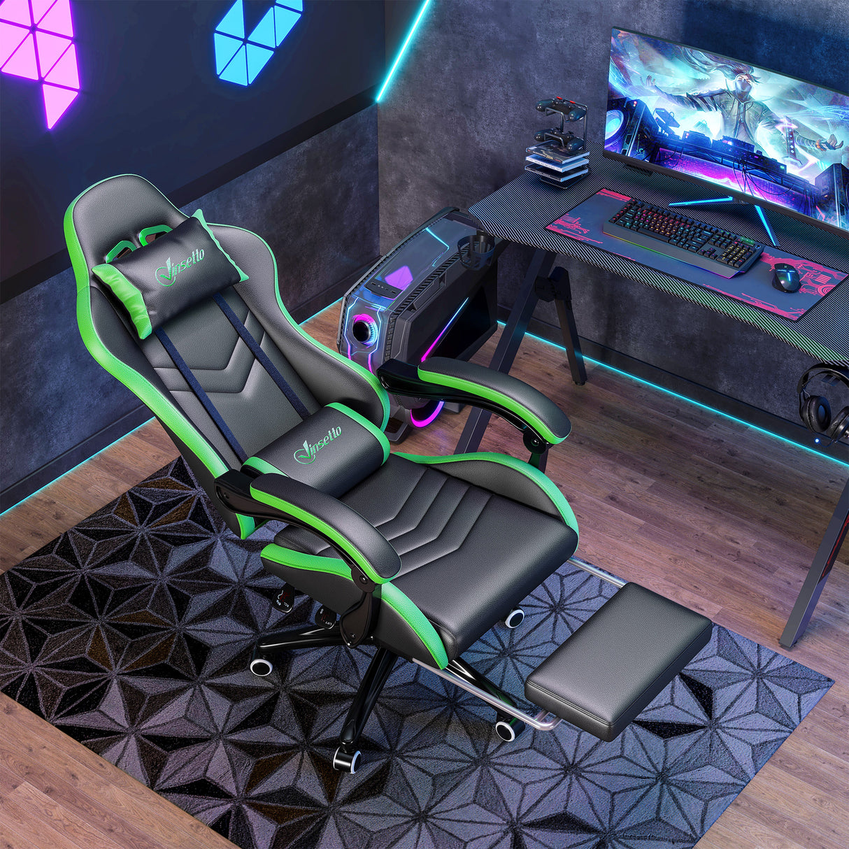 easycomfort easycomfort sedia da gaming con altezza regolabile e schienale reclinabile 65x65x121 129 cm nero e verde