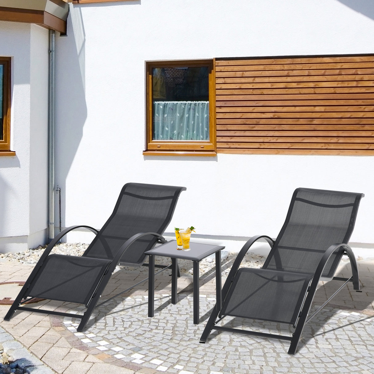easycomfort easycomfort set 2 lettini prendisole e tavolino con ripiano in tessuto traspirante e metallo 59x169x66 cm nero