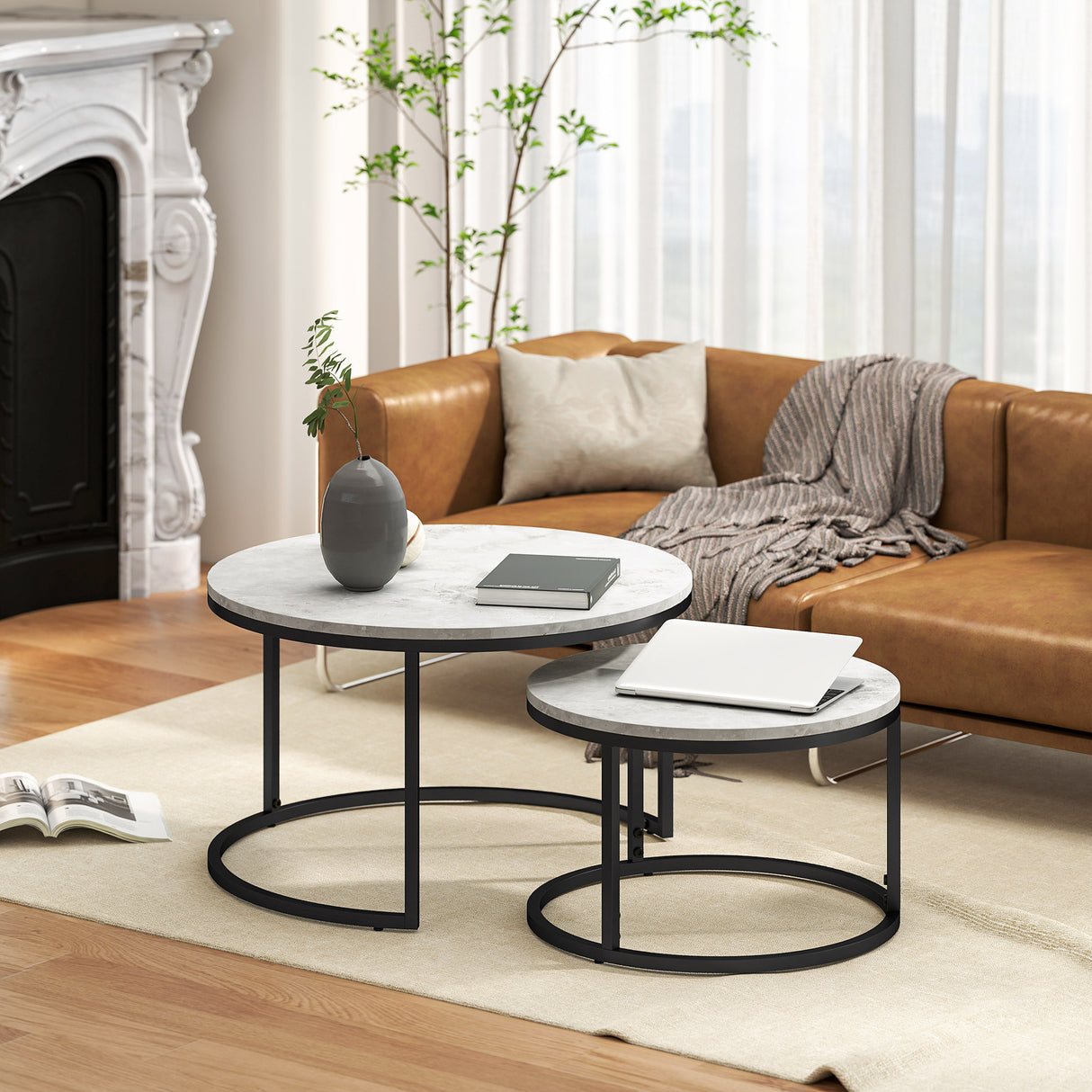easycomfort easycomfort set da 2 tavolini da caffe sovrapponibili rotondi in metallo e mdf effetto marmo grigio e nero