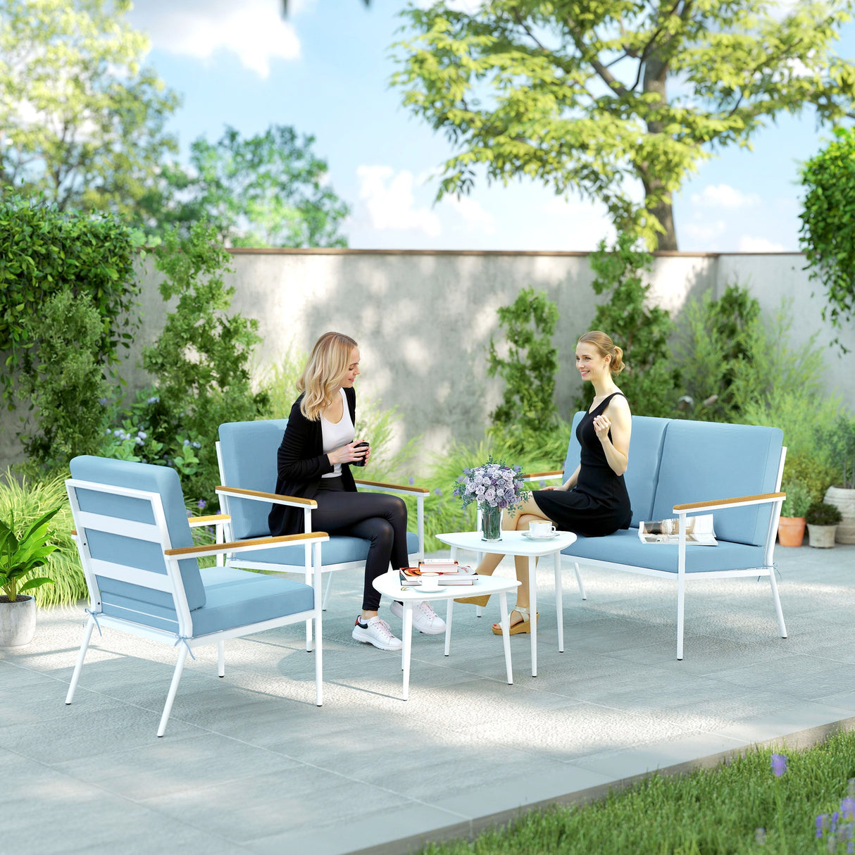 easycomfort easycomfort set da esterno con divano 2 posti 2 poltrone e 2 tavolini da caffe in vetro azzurro