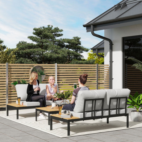 easycomfort easycomfort set da giardino 4 pezzi con 2 divanetti 2 posti e 2 tavolini in metallo e legno composito grigio nero e teak