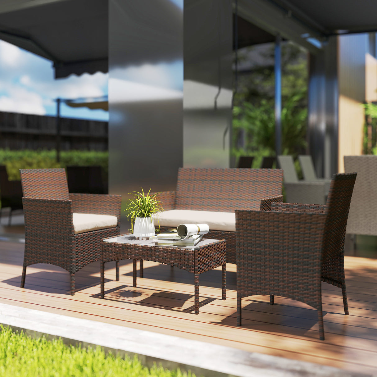 easycomfort easycomfort set da giardino 4 pezzi con divano 2 posti 2 sedie e tavolino basso in rattan e acciaio beige e marrone