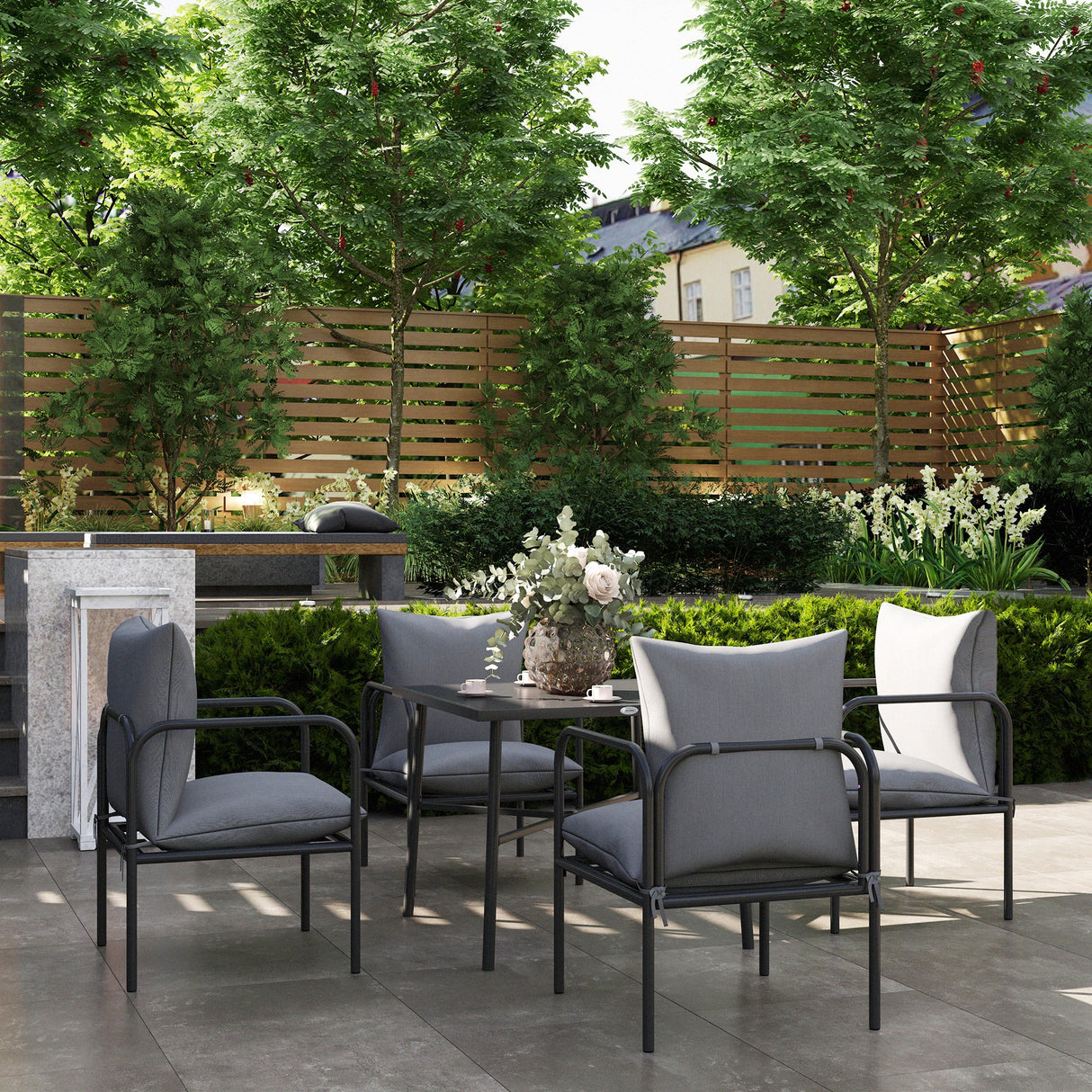 easycomfort easycomfort set da giardino 5 pezzi in acciaio con 4 sedie 58x58x66 cm e tavolo 80x80x71 cm con foro centrale grigio