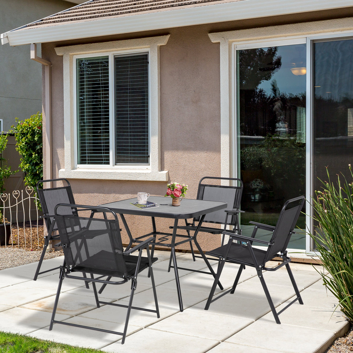 easycomfort easycomfort set da giardino con 4 sedie pieghevoli con braccioli e tavolo con foro per ombrellone nero
