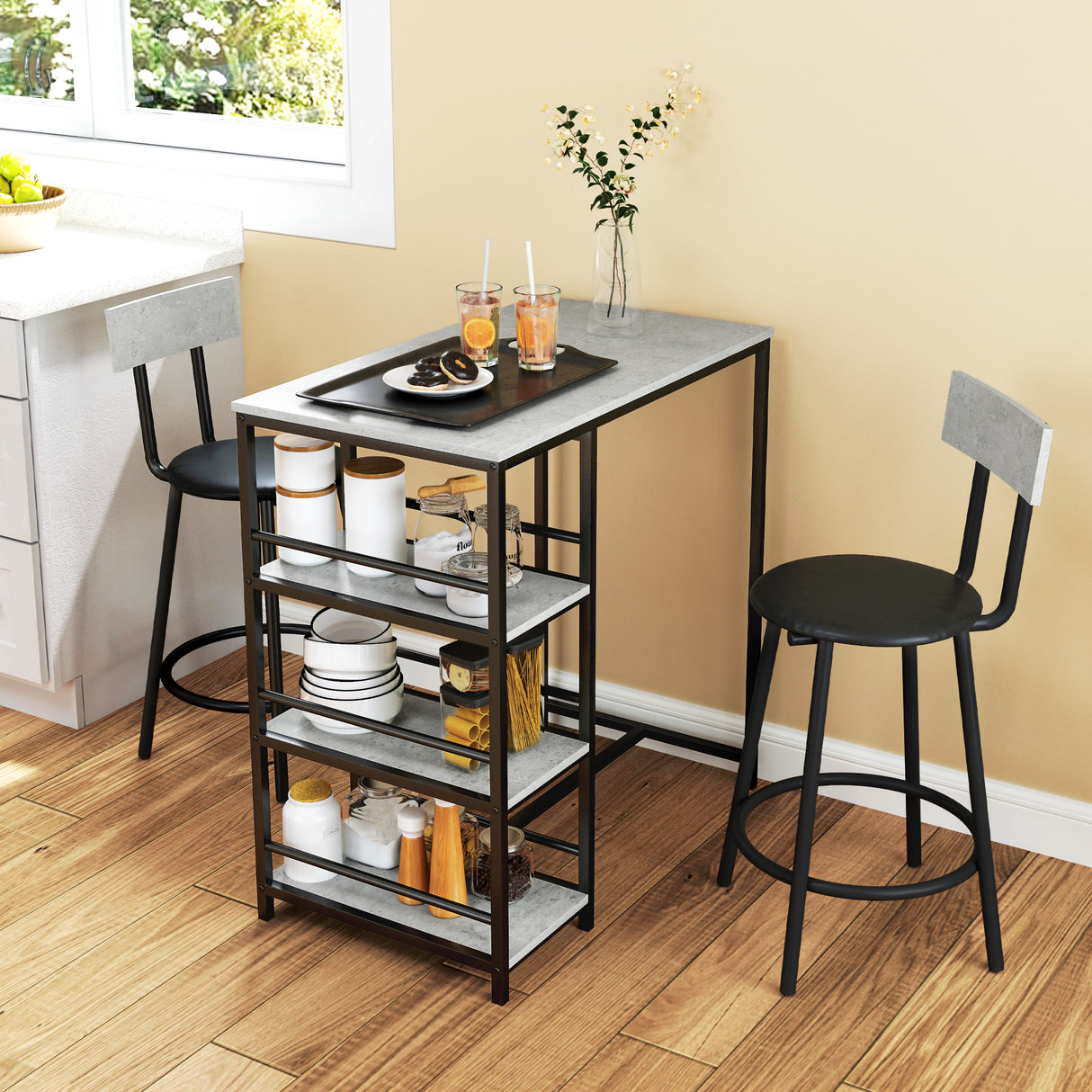 easycomfort easycomfort set da pranzo 3 pezzi con bancone bar con ripiani e 2 sedie alte con schienale grigio chiaro