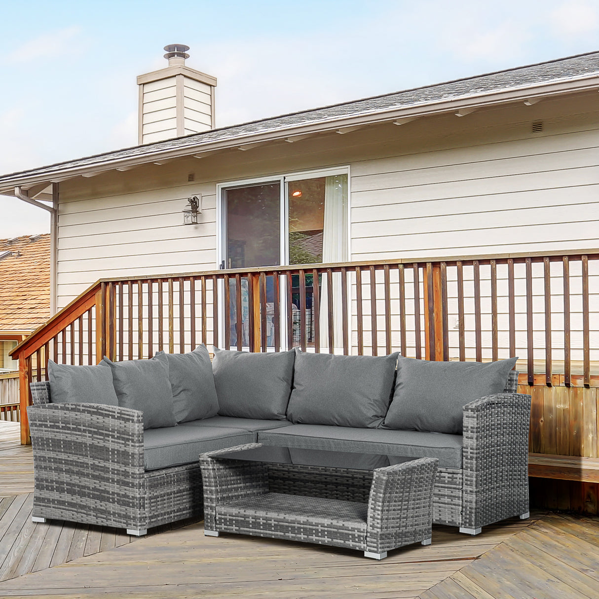 easycomfort easycomfort set mobili da giardino in rattan pe da 4 pezzi salotto con divano angolare e tavolino con vetro cuscini imbottiti e sfoderabili grigio