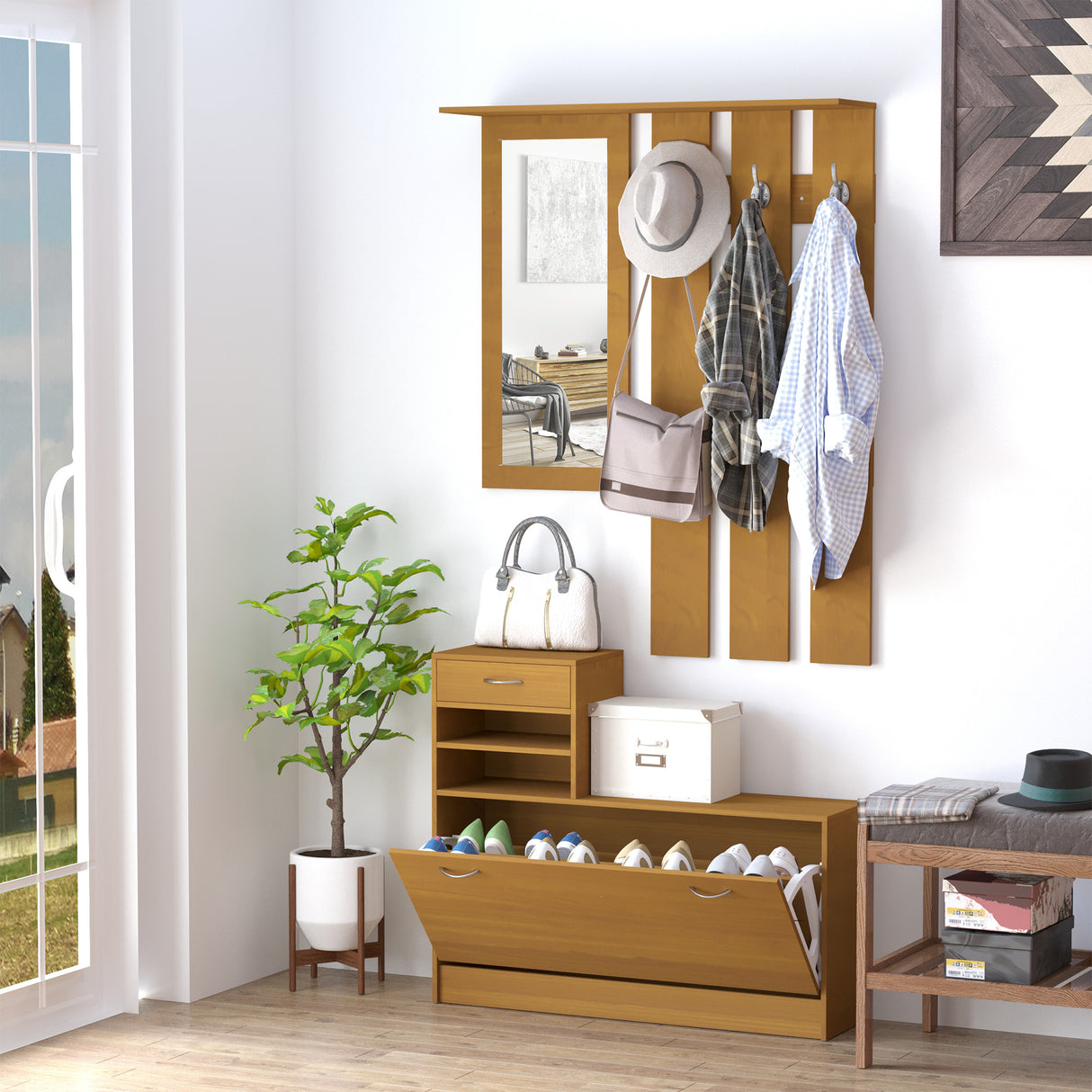 easycomfort easycomfort set mobili ingresso moderno con scarpiera e specchio appendiabiti da ingresso con 6 ganci 2 ripiani regolabili e cassetti in legno per corridoio 90x24x177 cm legno ean 8054144130729