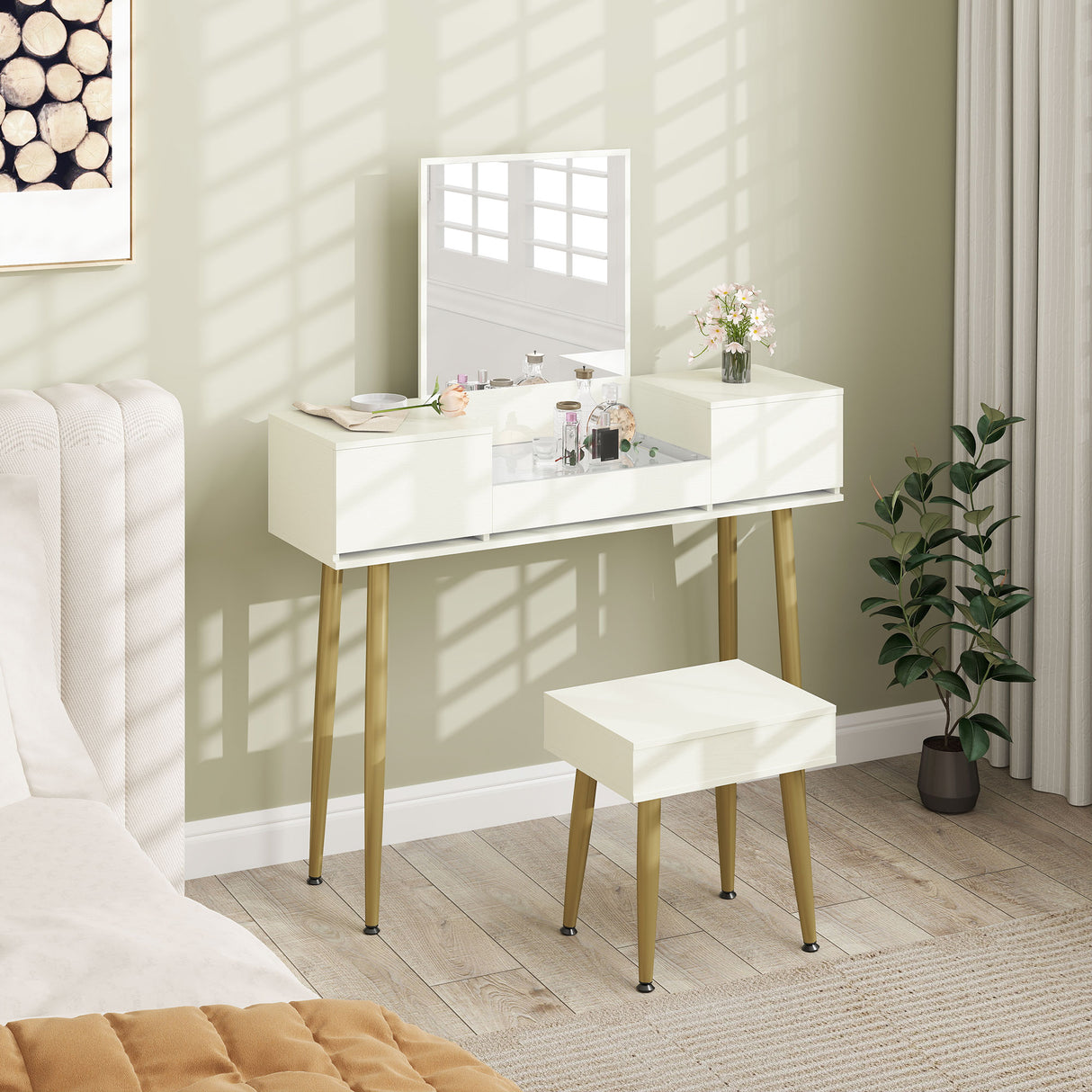 easycomfort easycomfort set tavolo da trucco con 3 cassetti e specchio con sgabello da trucco portaoggetti bianco