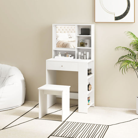 easycomfort easycomfort set toeletta da trucco con tavolino e sgabello specchio e ripiani in legno bianco