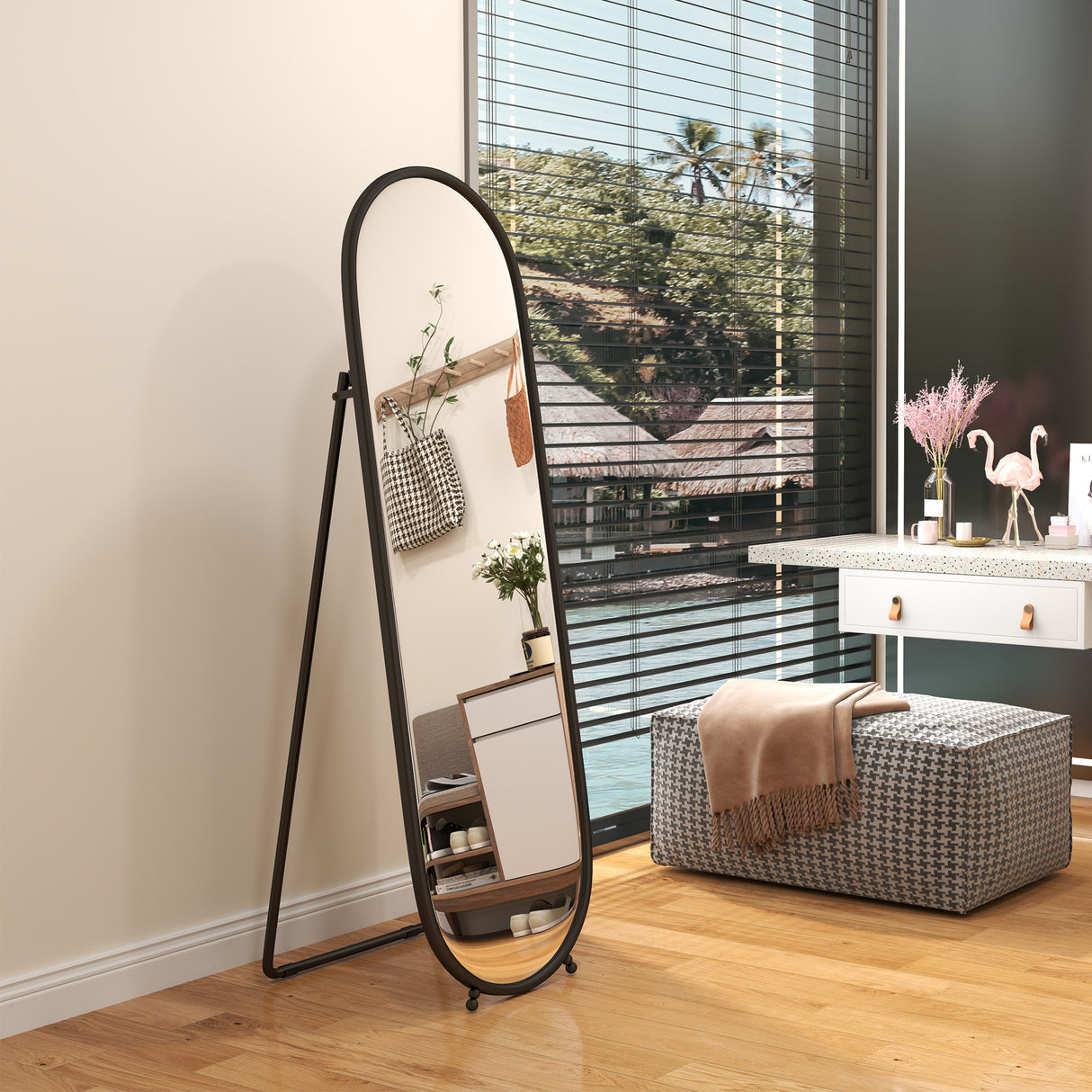 easycomfort easycomfort specchio a figura intera da terra con supporto pieghevole in vetro e metallo 40x41x159 cm nero