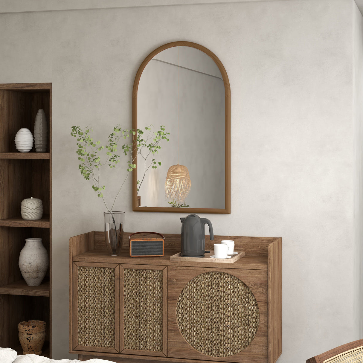 easycomfort easycomfort specchio da parete ad arco 110x65cm con cornice in legno per camera e ingresso marrone scuro