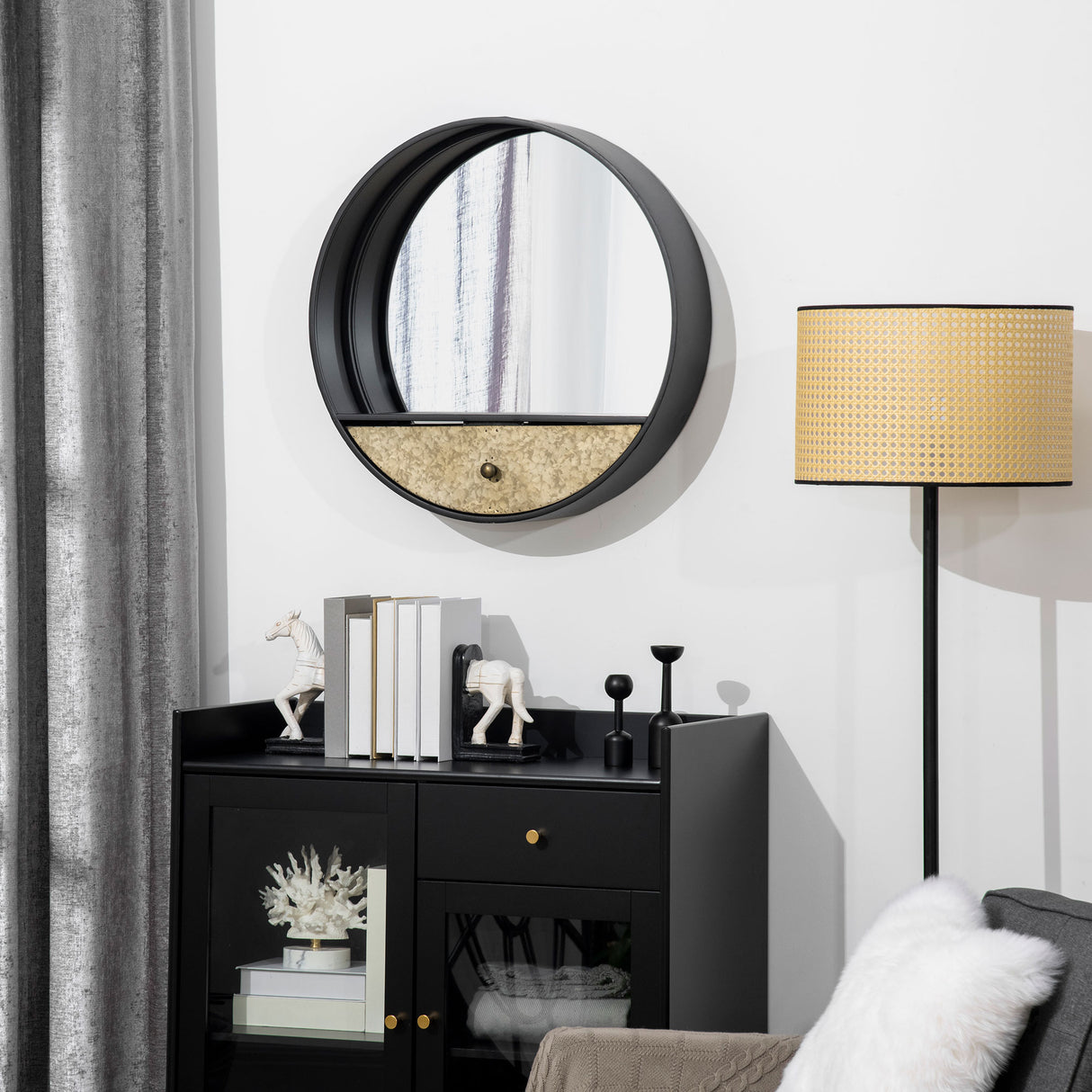 easycomfort easycomfort specchio da parete rotondo da 61cm con cassetto e cornice in metallo nero