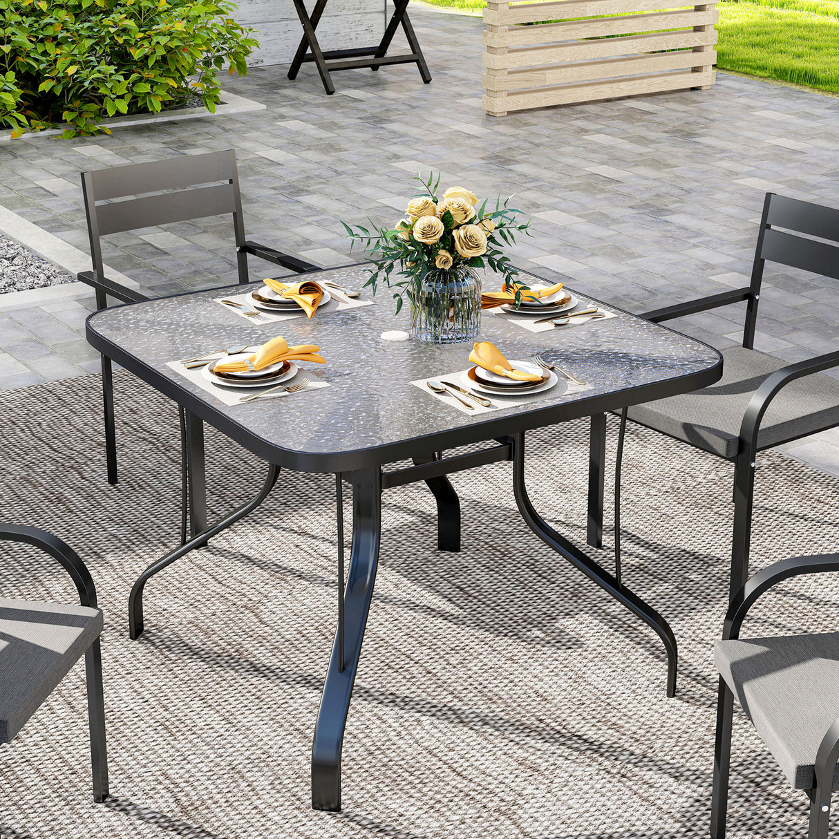 easycomfort easycomfort tavolo da giardino quadrato a 4 posti con piano in vetro e foro per ombrellone 54 mm nero