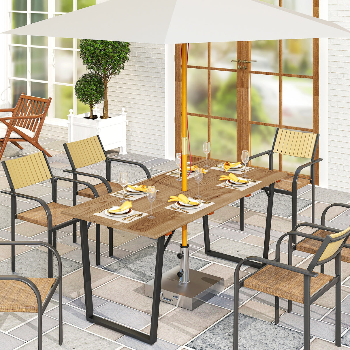 easycomfort easycomfort tavolo da giardino rettangolare a 6 posti con foro per ombrellone legno e acciaio 175x80x75 cm marrone