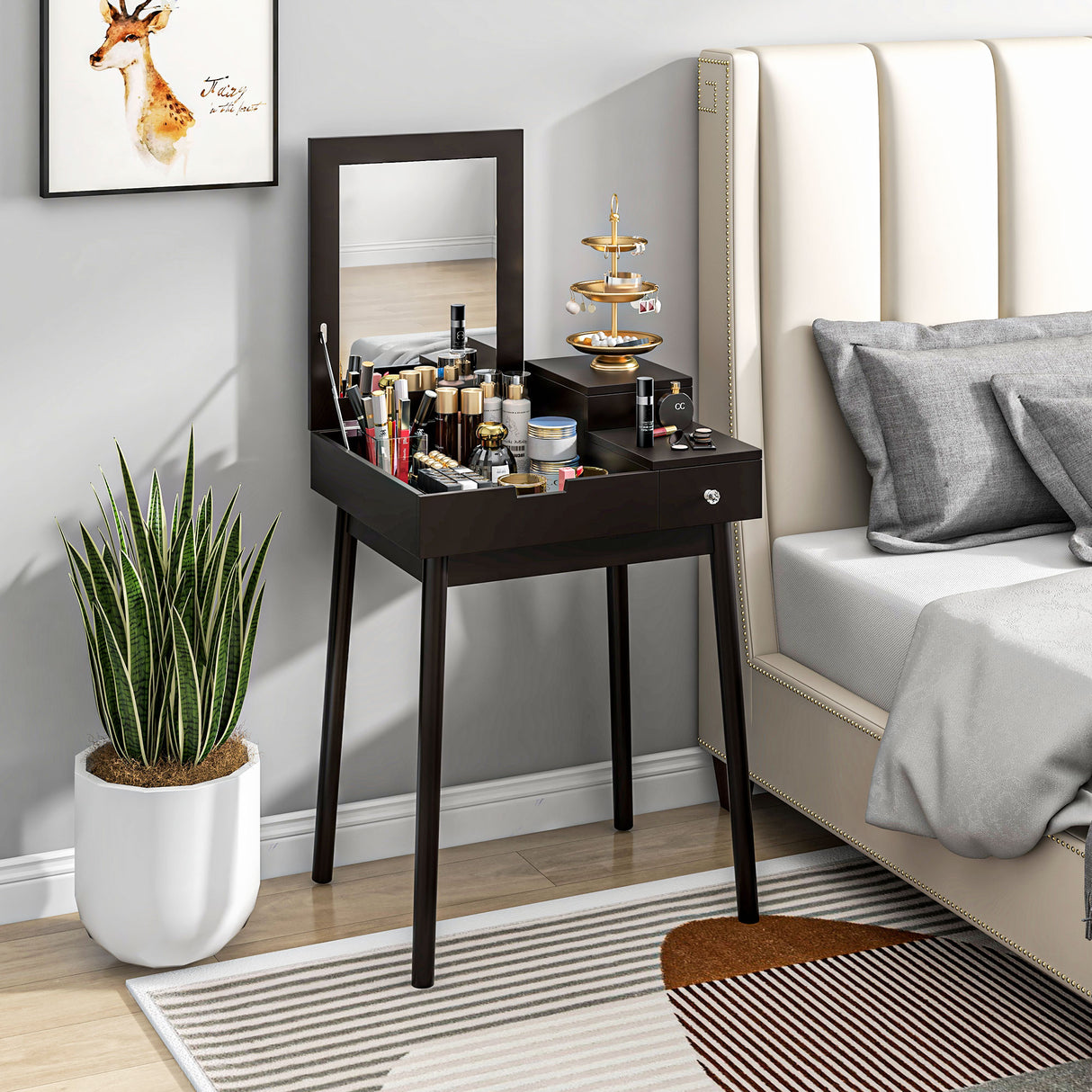 easycomfort easycomfort tavolo da trucco 2 in 1 con specchio ribaltabile e 2 cassetti 60x50x85 5 cm nero