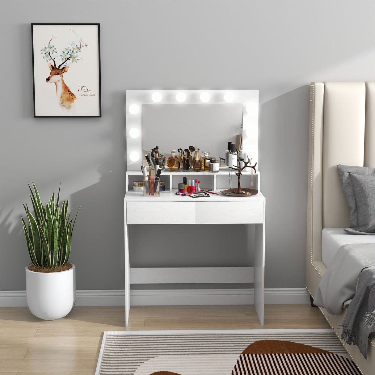 easycomfort easycomfort tavolo da trucco con specchio e 10 luci led regolabili 2 cassetti e 3 scomparti 80x40x135 cm bianco