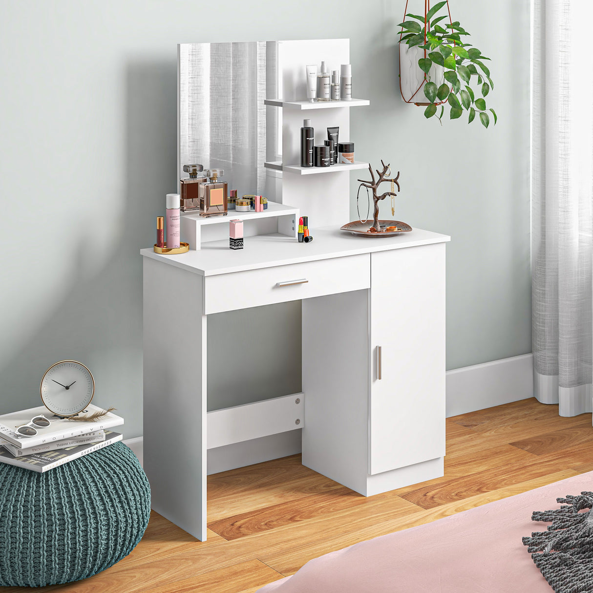 easycomfort easycomfort tavolo per trucco in truciolato con mobiletto cassetto ripiani aperti e specchio 90x38x138 cm bianco