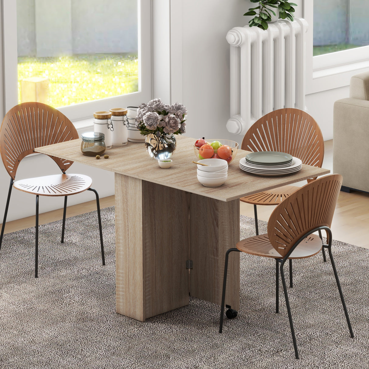 easycomfort easycomfort tavolo pieghevole con 2 ribalte per 6 persone con ripiani e rotelle integrate legno naturale