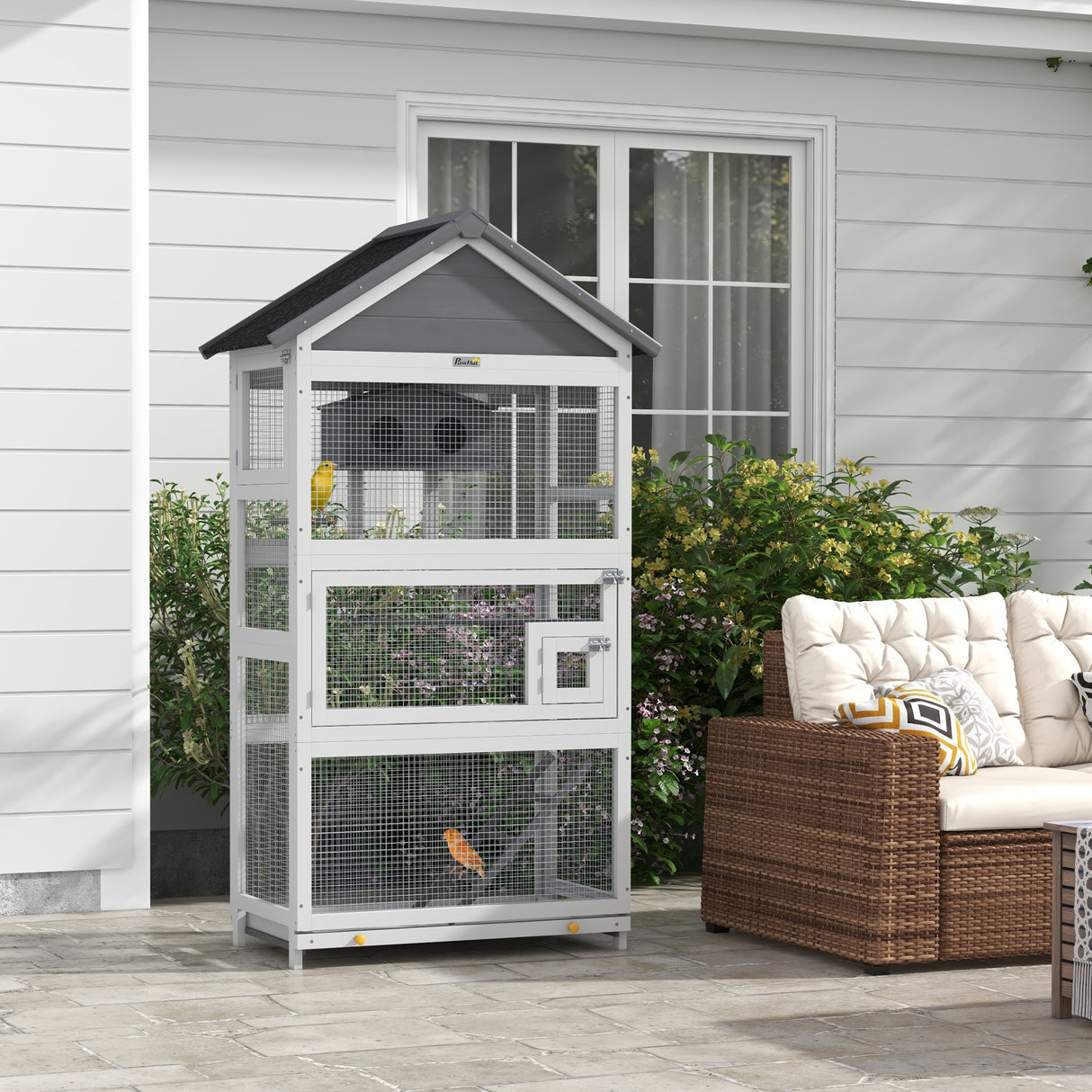 easycomfort easycomfort voliera per uccellini a 3 porte con casetta e vassoio in legno e metallo 92x52x171 cm grigia e nera