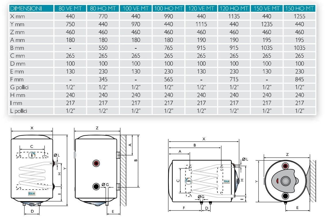 isea scaldabagno termoelettrico verticale isea swing plus mix heating 1505 orizzontale attacco a destra