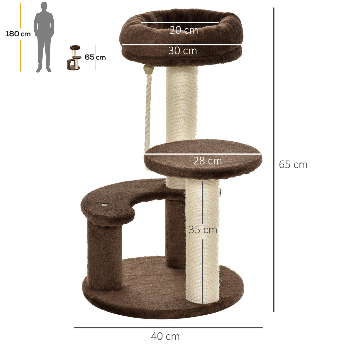 easycomfort easycomfort albero tiragraffi per gatti a 3 livelli con lettino in peluche e pali in sisal 40x65 cm marrone