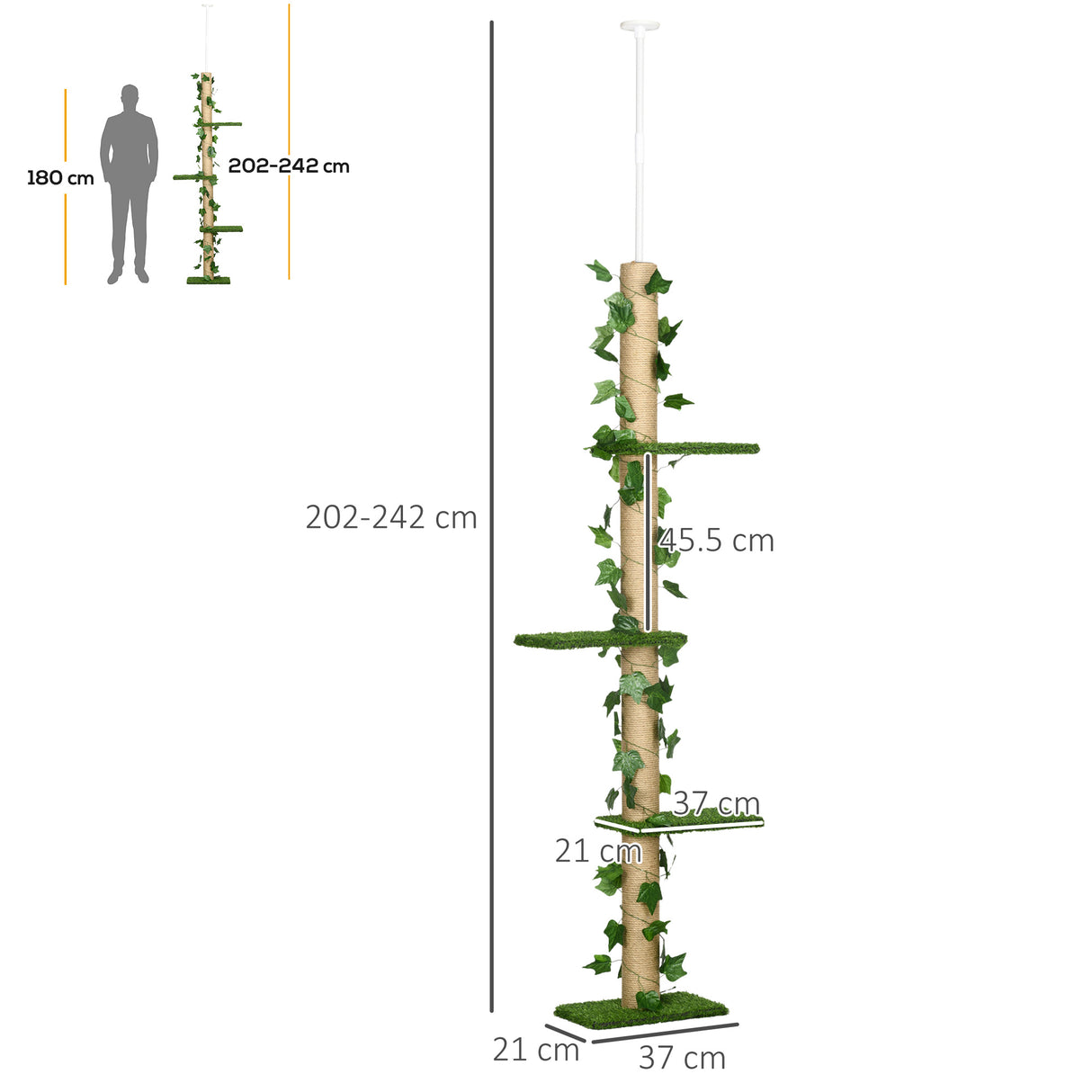 easycomfort easycomfort albero tiragraffi per gatti a soffitto alto 202 242 cm regolabile con asta di tensione verde