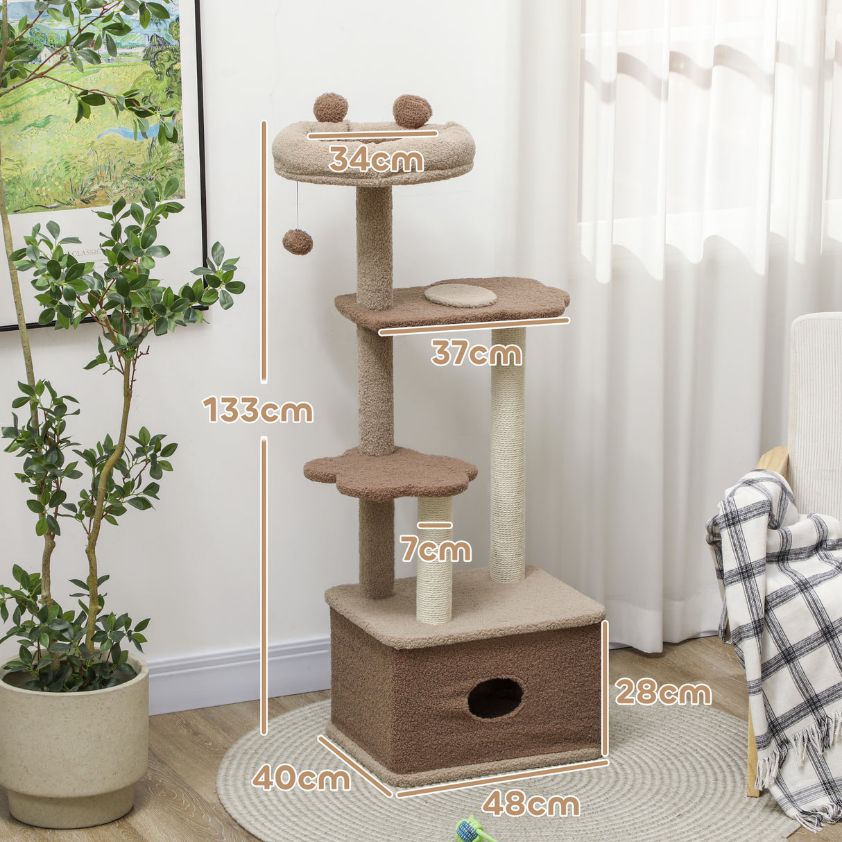 easycomfort easycomfort albero tiragraffi per gatti con lettino casetta e piattaforme in legno e cashmere 48x40x133 cm marrone