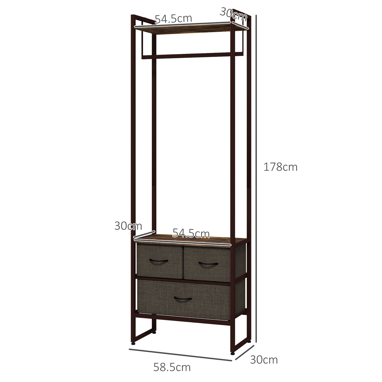easycomfort easycomfort appendiabiti da terra con asta 3 cassetti e ripiani in legno mdf e acciaio 58 5x30x178 cm marrone