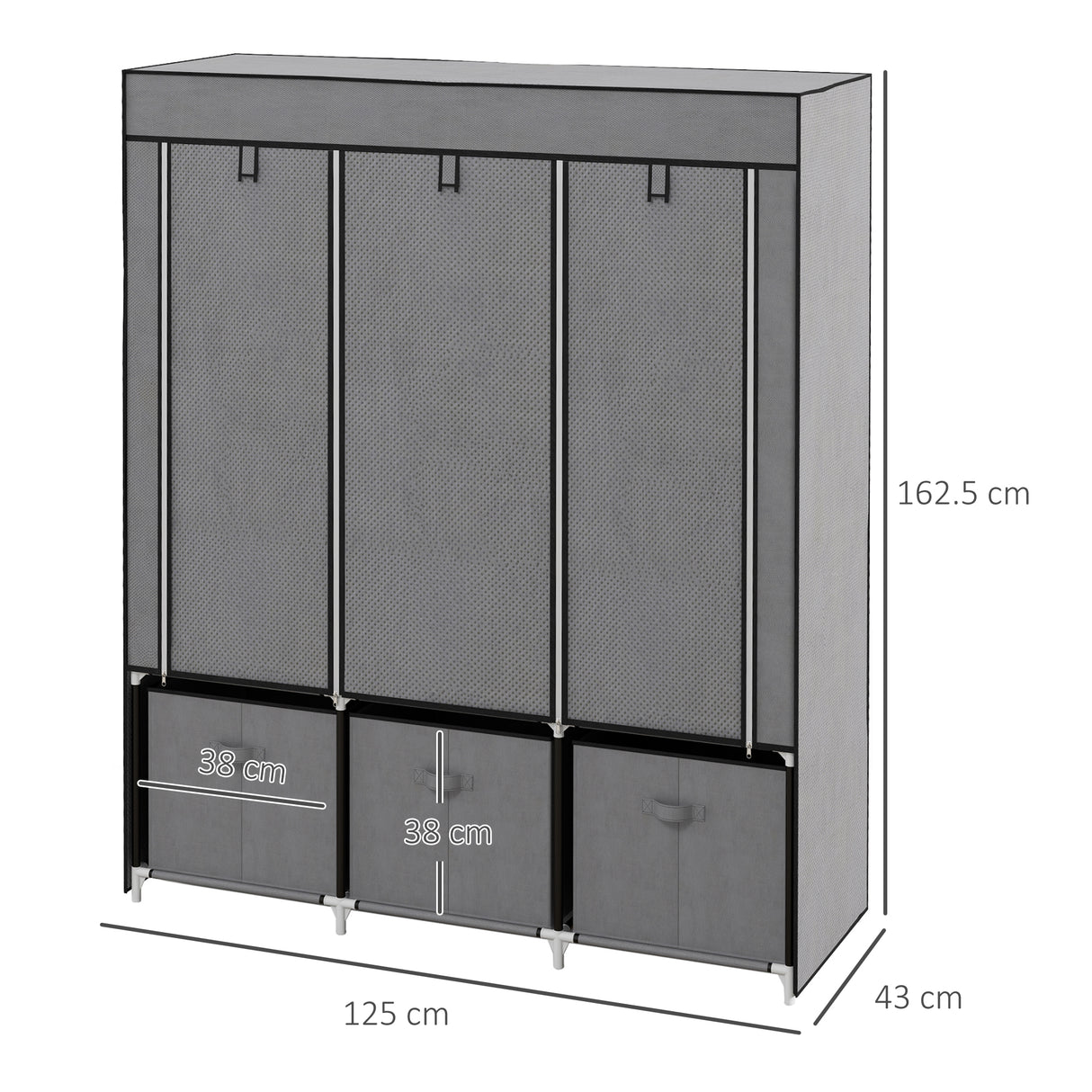 easycomfort easycomfort armadio in tessuto pieghevole con cassetti e ante avvolgibili con zip 125x43x162 5cm grigio scuro