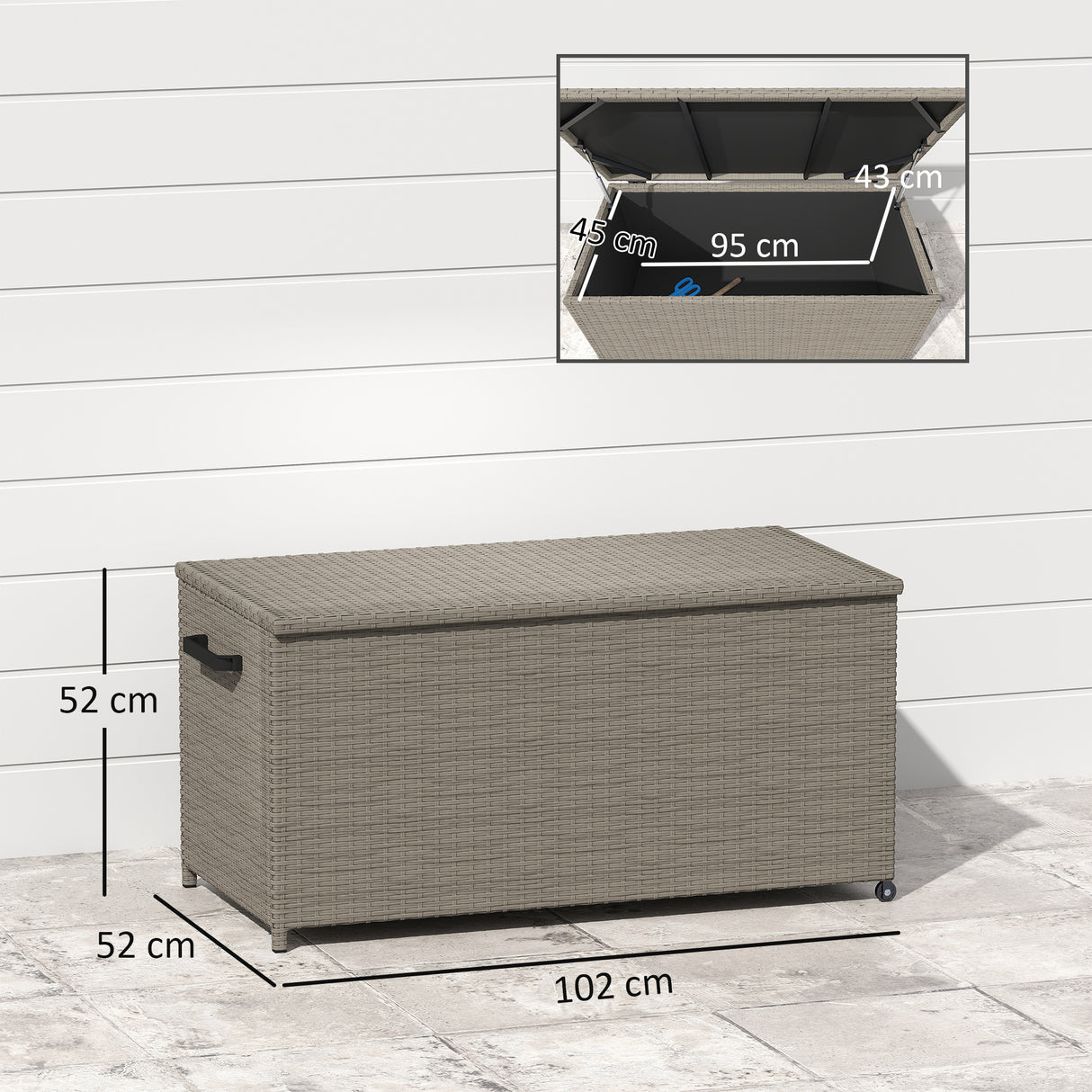 easycomfort easycomfort baule da esterno da 184l in rattan pe con ruote e rivestimento interno impermeabile 102x52x52 cm grigio
